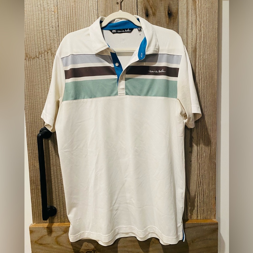 Travis Mathew White Polo with Grey, Brown, & Green Chest Stripes, Large